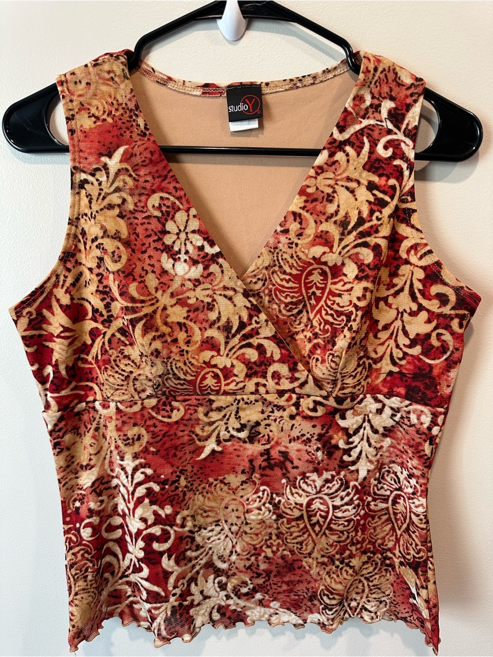 Vintage Y2K Studio Y Paisley Mesh Top M Faux Wrap V Neck Made in USA